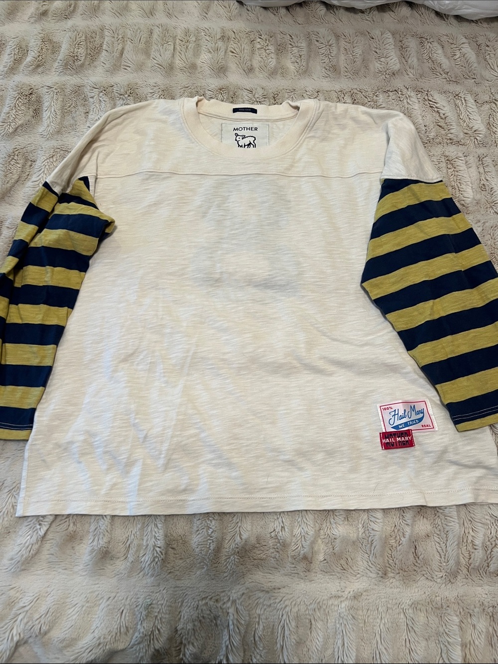 MOTHER Cream Layered-Look Long Sleeve Tee with Navy & Olive Stripes